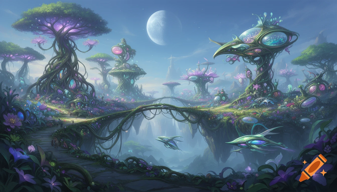 A vibrant alien landscape featuring bioluminescent trees, fantastical structures, and natural bridges under a large moon, with futuristic ships flying in the valleys.