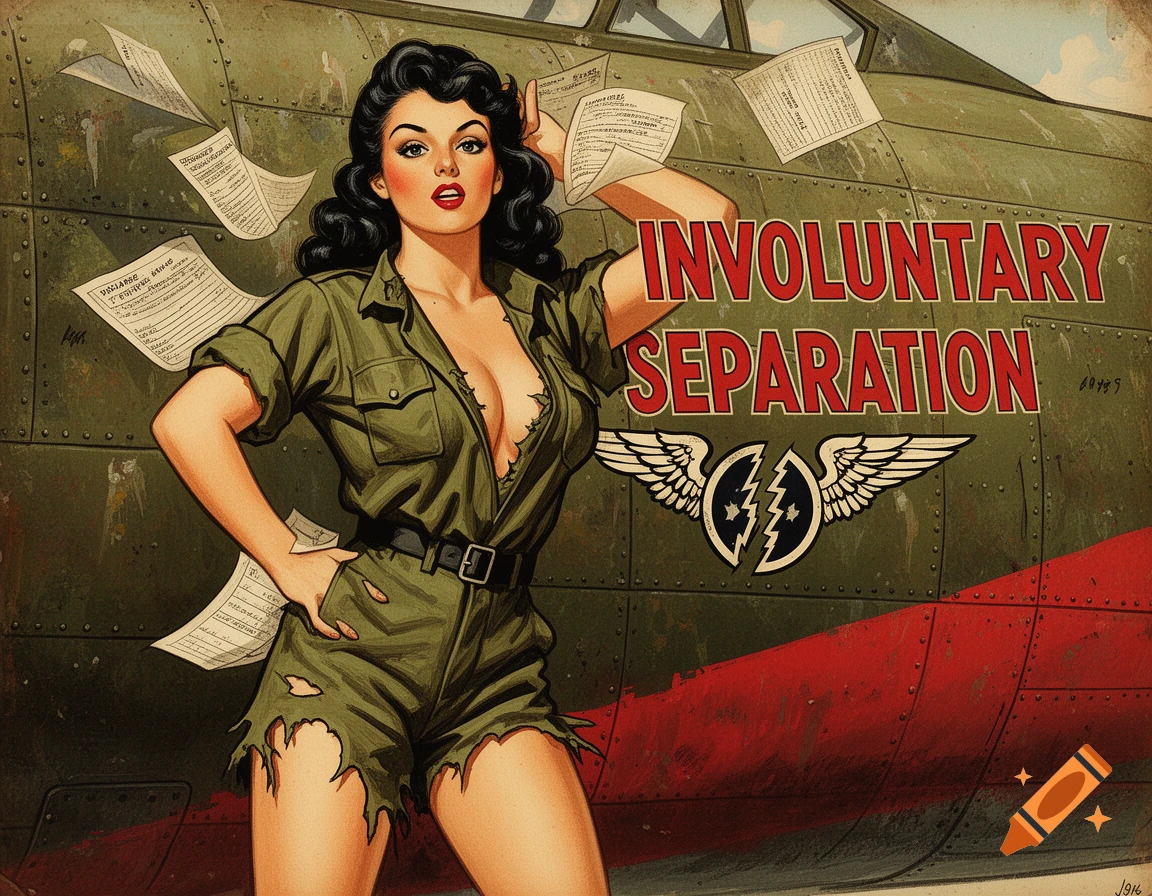 A vintage pin-up illustration of a woman in a torn military uniform, standing in front of a WWII-era plane with text "INVOLUNTARY SEPARATION" and a broken wings insignia.