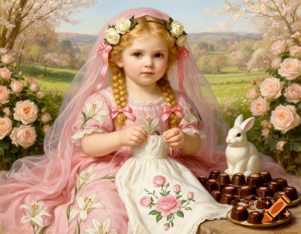 Victorian oil painting of a blonde girl embroidering in a spring garden with roses, a white bunny, and chocolates.