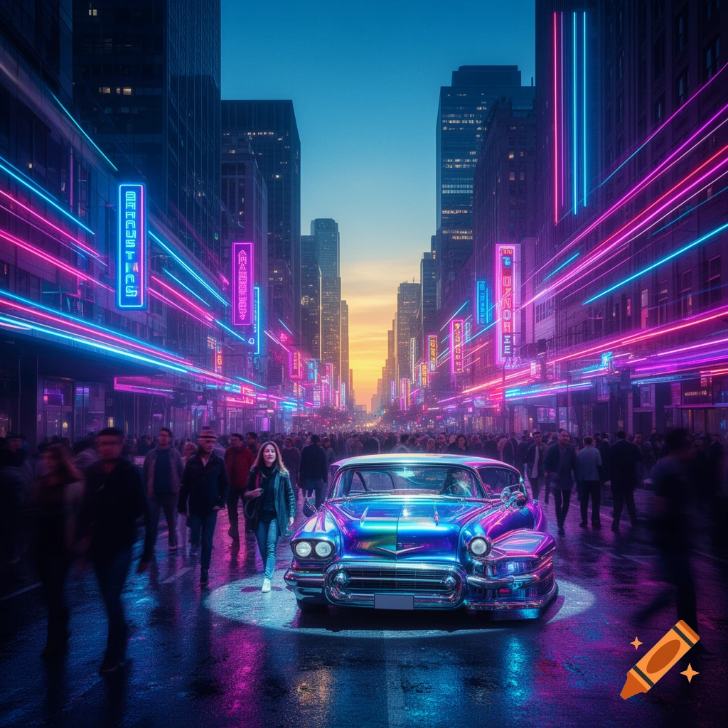 A vibrant street scene at dusk with a chrome and neon blue classic car under a spotlight, surrounded by a blurry crowd and towering city buildings with glowing pink and blue neon signs.