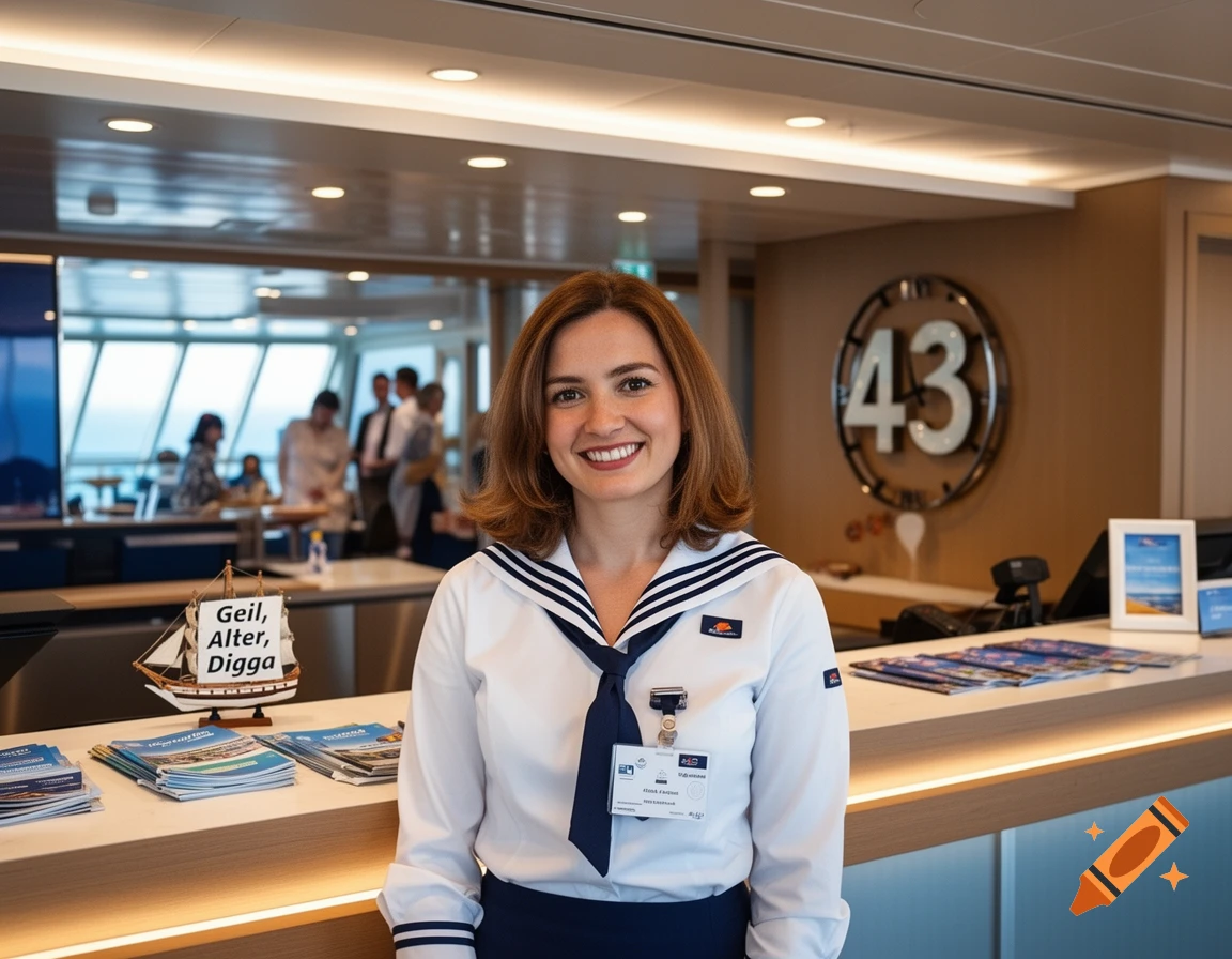 A smiling woman in a navy-and-white sailor uniform stands at a modern reception desk on a cruise ship, with a model boat and a large '43' sign.