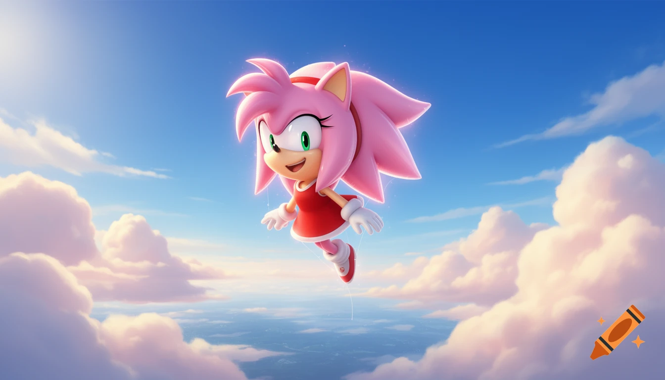 Cartoon character Amy Rose with pink quills floats joyfully in a bright blue sky among fluffy clouds.