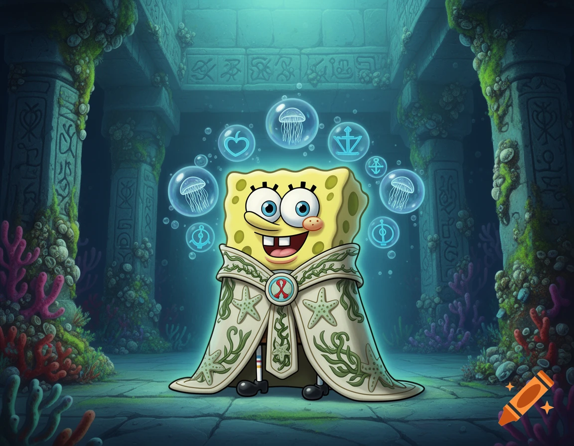 Spongebob Squarepants in an ornate robe, smiling and surrounded by glowing bubbles with jellyfish and symbols, in detailed underwater ruins.