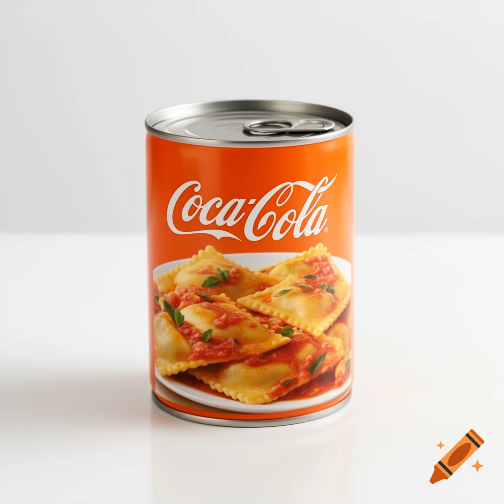 A bright orange Coca-Cola branded can featuring a label with ravioli in tomato sauce, set against a white background.