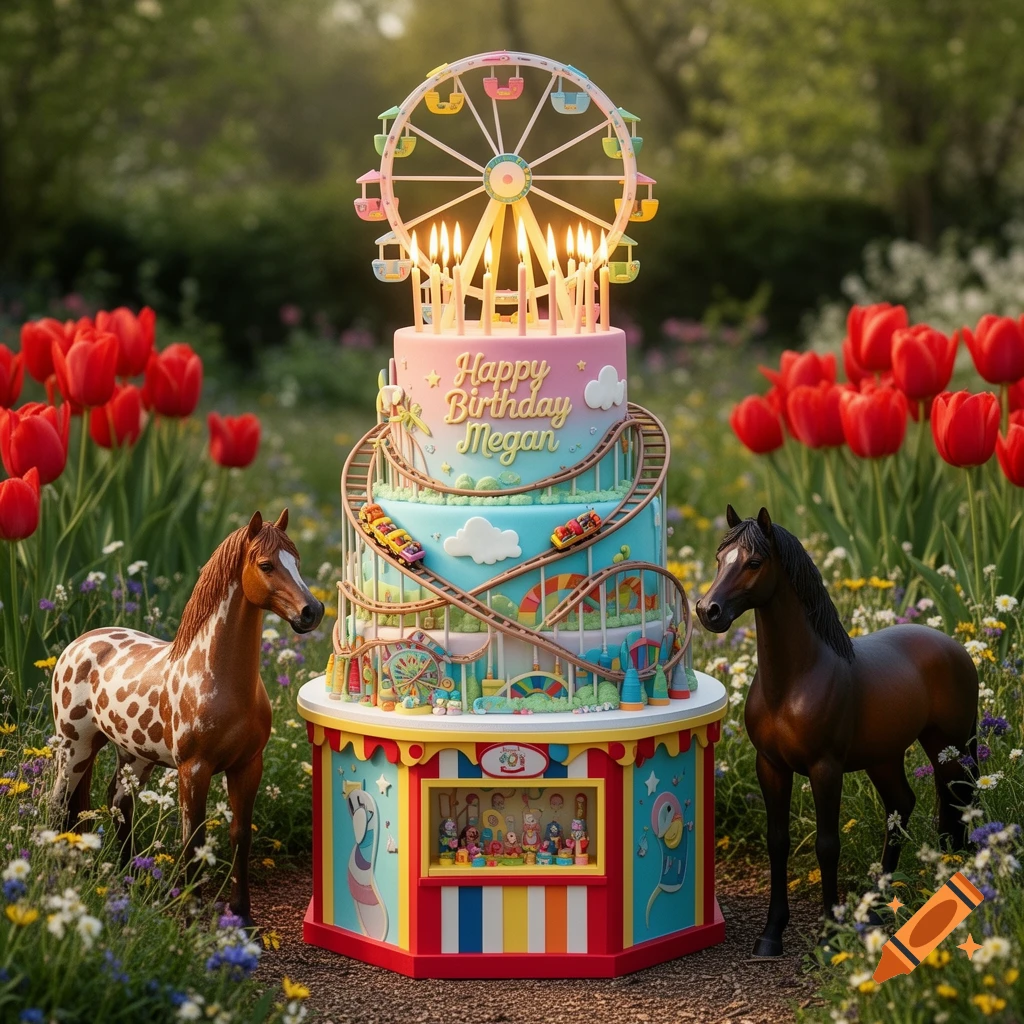 Elaborate amusement park themed birthday cake with a Ferris wheel, roller coaster, 'Happy Birthday Megan' text, two horses, and red tulips in a garden setting.