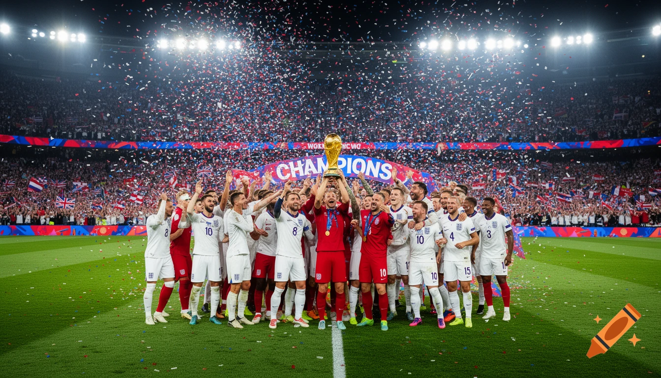 England national football team celebrates winning the World Cup in a stadium with confetti falling at night.