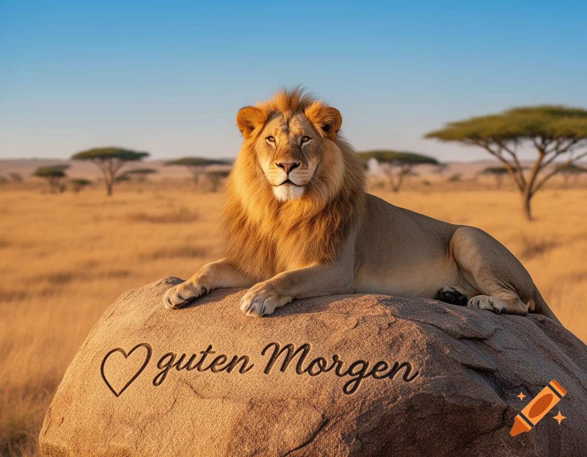 Photorealistic lion resting on a rock in a golden savanna, with "♡ guten Morgen" carved into the rock.
