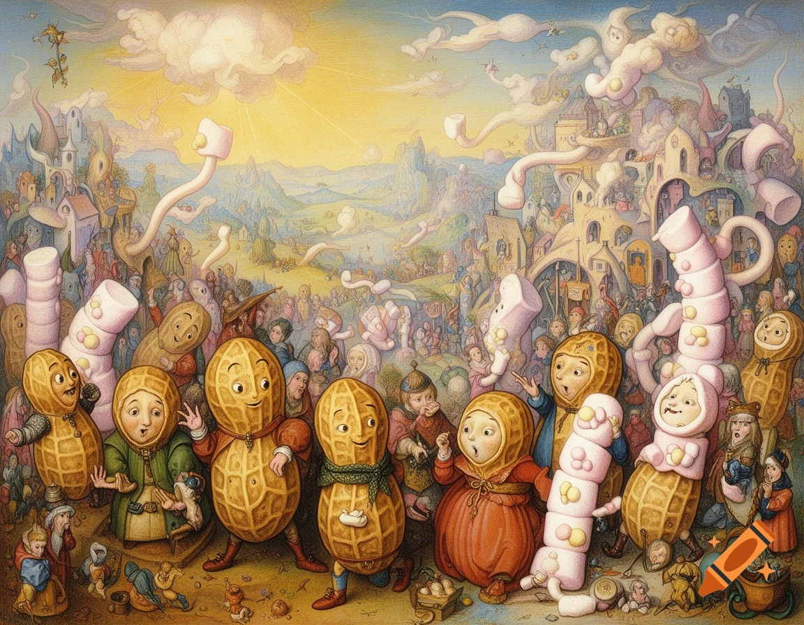 A detailed, surreal painting in the style of Hieronymus Bosch, showing anthropomorphic peanuts and marshmallows gathered in a fantastical landscape with whimsical buildings.