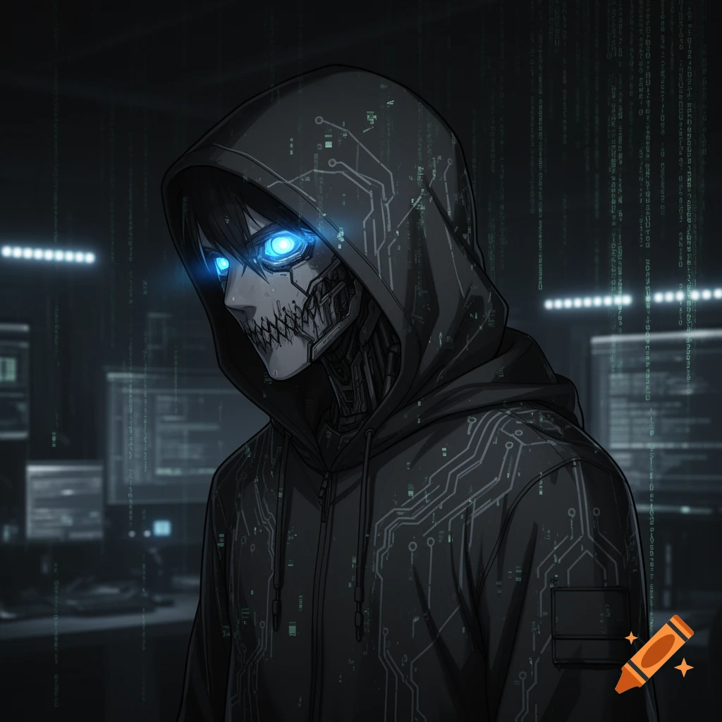 A creepy anime hacker avatar with glowing blue cybernetic eyes and a mechanical jaw, wearing a dark techwear hoodie, in a digital background.