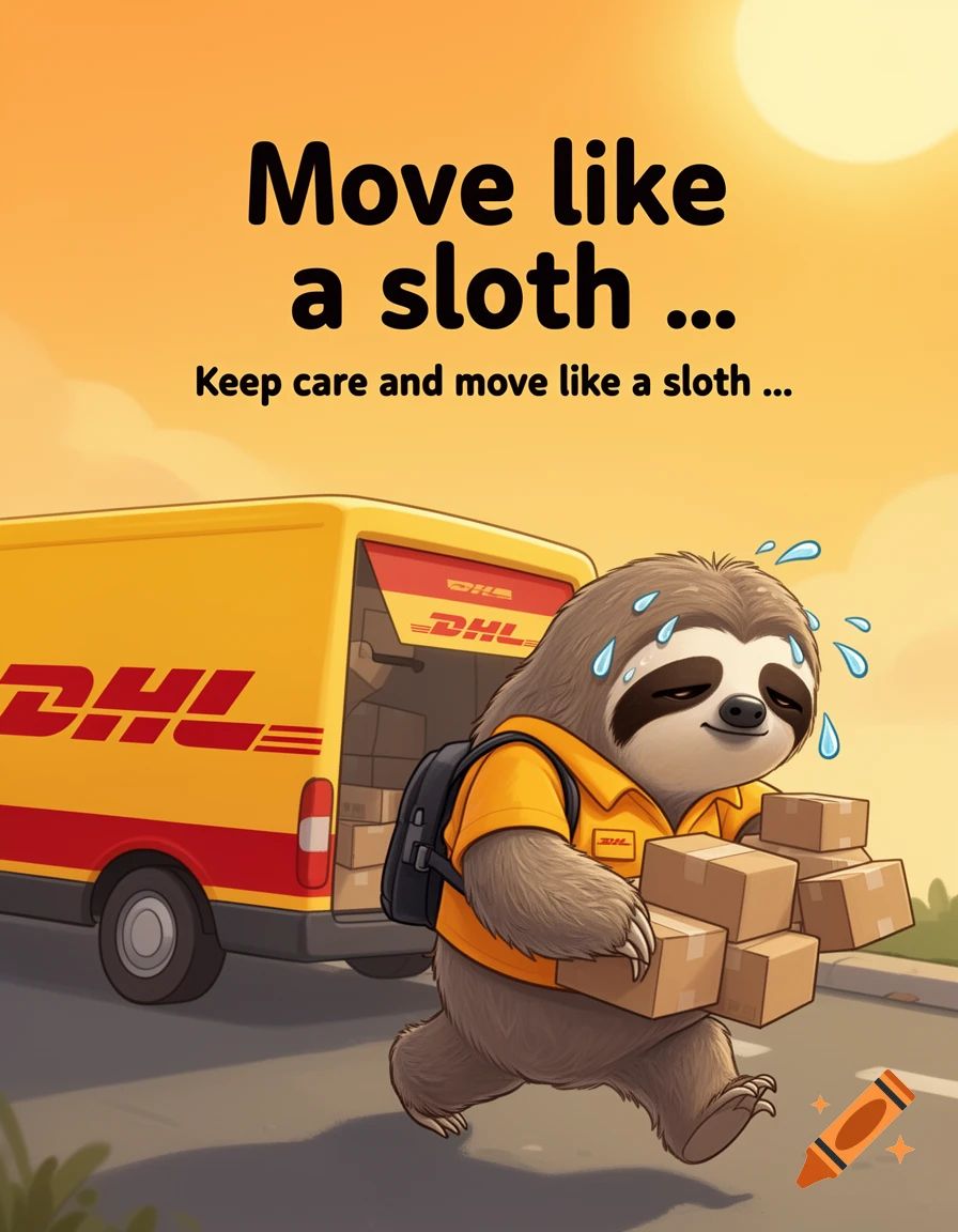 A sweating cartoon sloth in a DHL uniform carries packages slowly from a DHL delivery van under a warm sun, in a humorous illustration style.