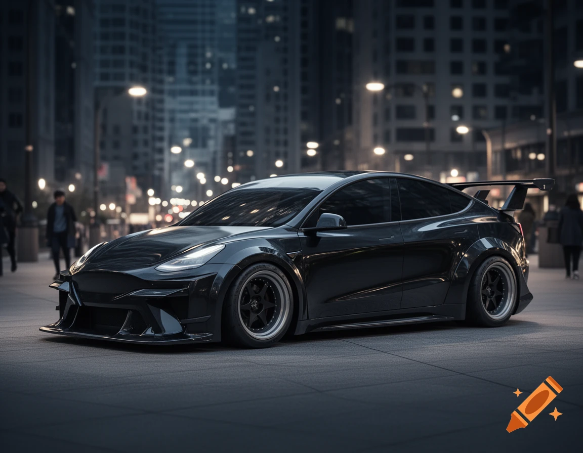 A sleek, black, customized electric car with a body kit and spoiler is parked on an urban street at night, with blurred city lights in the background.
