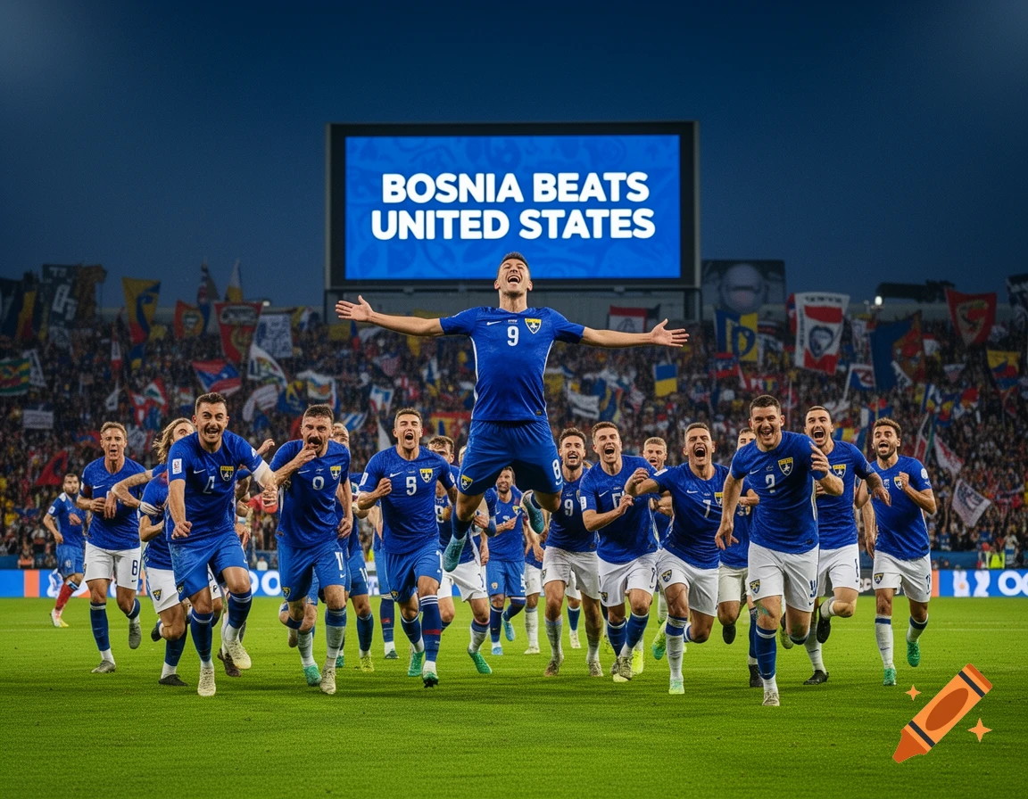 A photorealistic image of a joyful soccer team in blue and white uniforms celebrating on a green field, with a scoreboard displaying 'BOSNIA BEATS UNITED STATES' in the background.