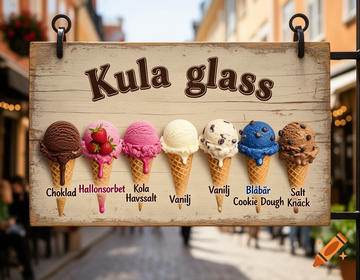 A rustic wooden sign for Kula glass ice cream, hanging on a post, displaying six different ice cream cones with various flavors in a blurred street setting.