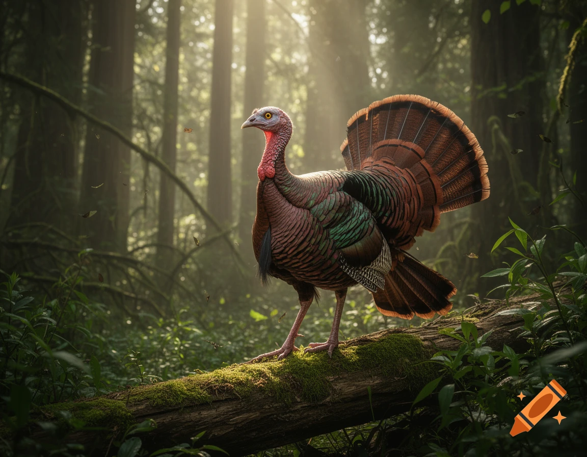 A wild turkey with colorful iridescent feathers stands on a mossy log in a sun-dappled forest, depicted in a photorealistic style.