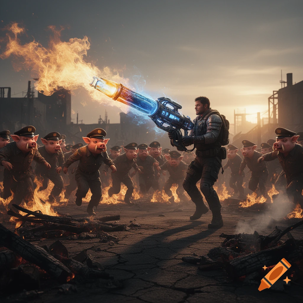 A soldier fires a futuristic flamethrower at a horde of pig-men in a fiery, war-torn landscape, in a gritty art style.