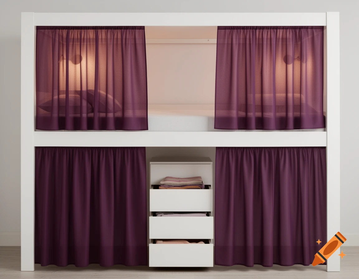White loft bed with sheer purple curtains on the top bunk and opaque purple curtains on the bottom. A white dresser with folded clothes is below.