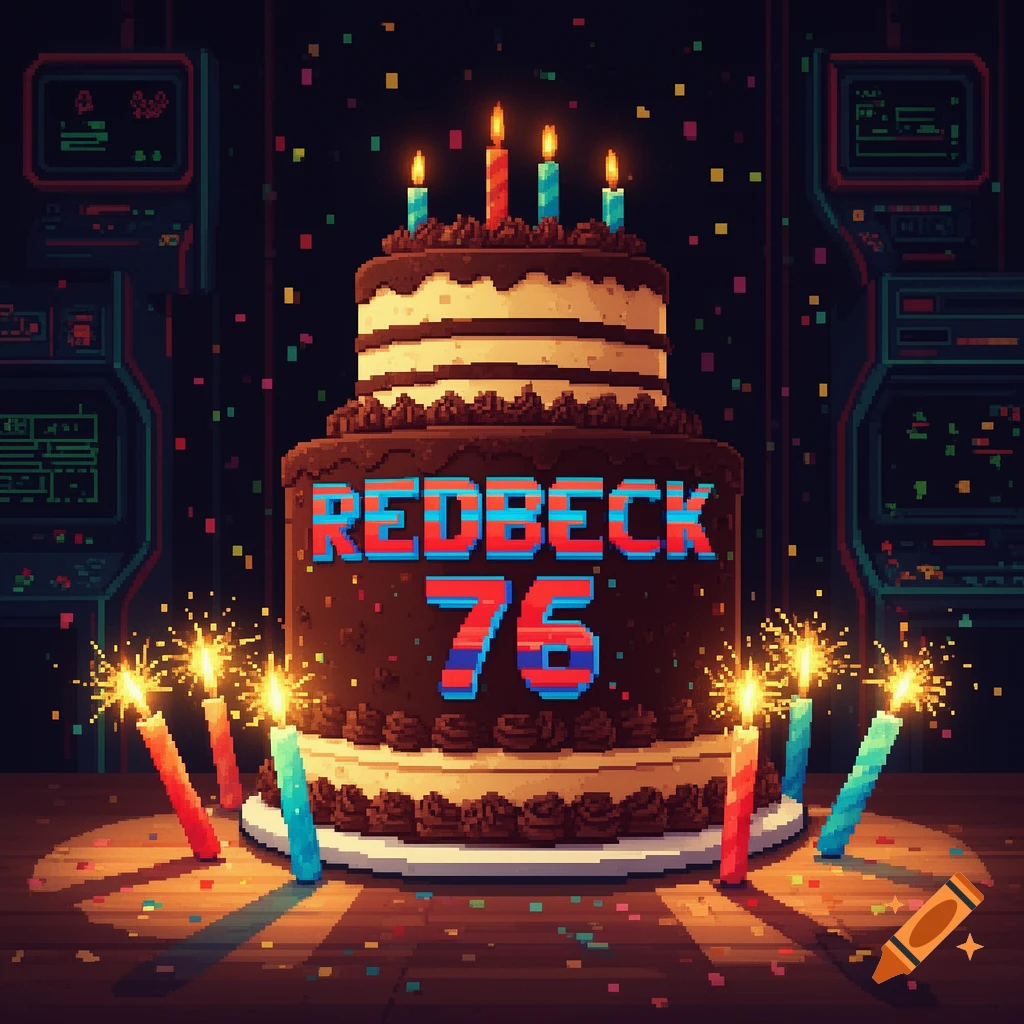 Pixel art birthday cake with "REDBECK 76" on it, surrounded by lit candles and confetti, in an 8-bit arcade setting.