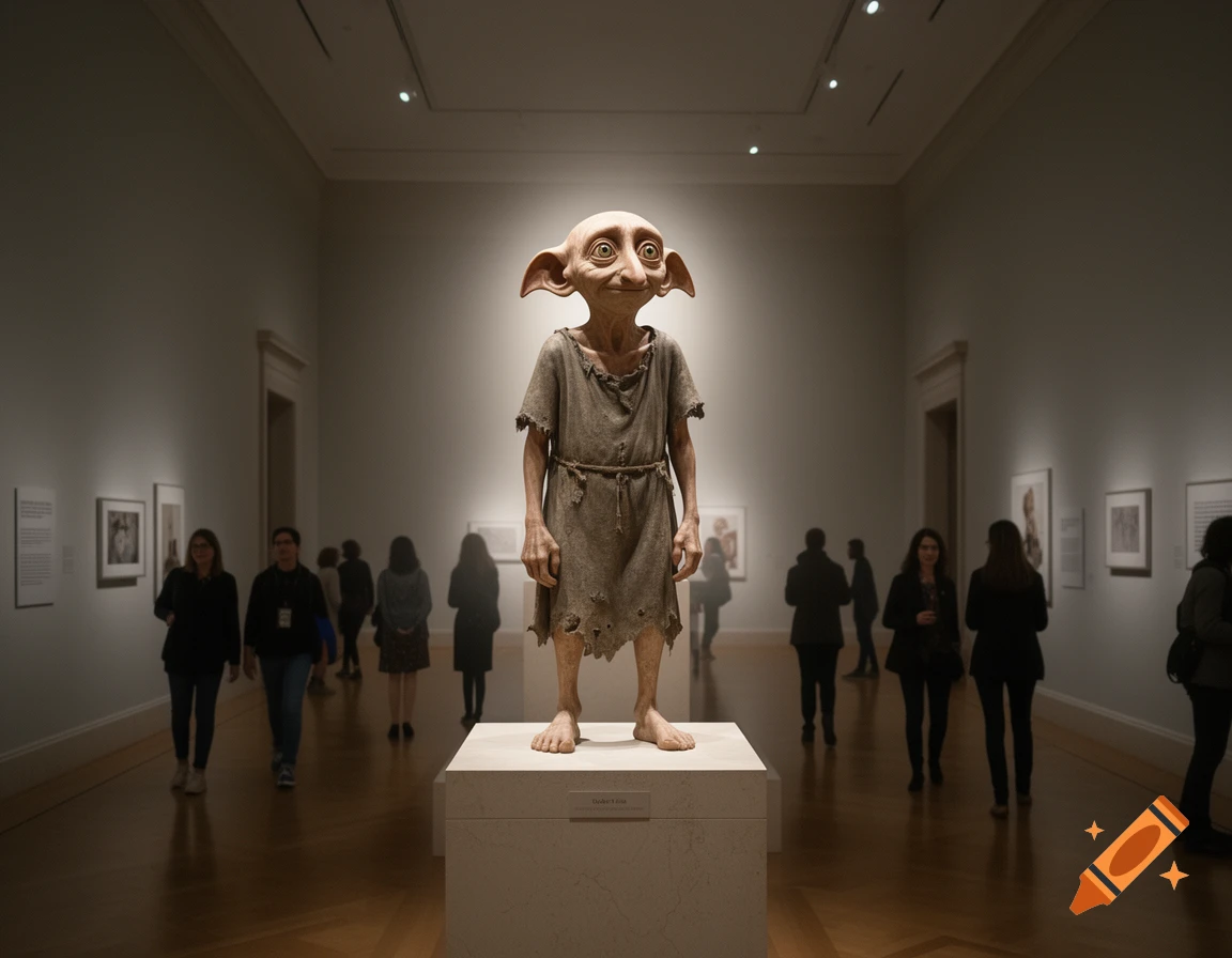A photorealistic Dobby statue stands prominently under a spotlight in a dimly lit museum, with blurred visitors walking in the background.