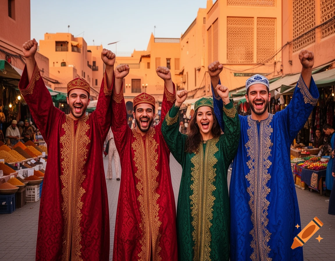 Four friends in traditional Moroccan outfits cheer with fists raised in a bustling market street at sunset.