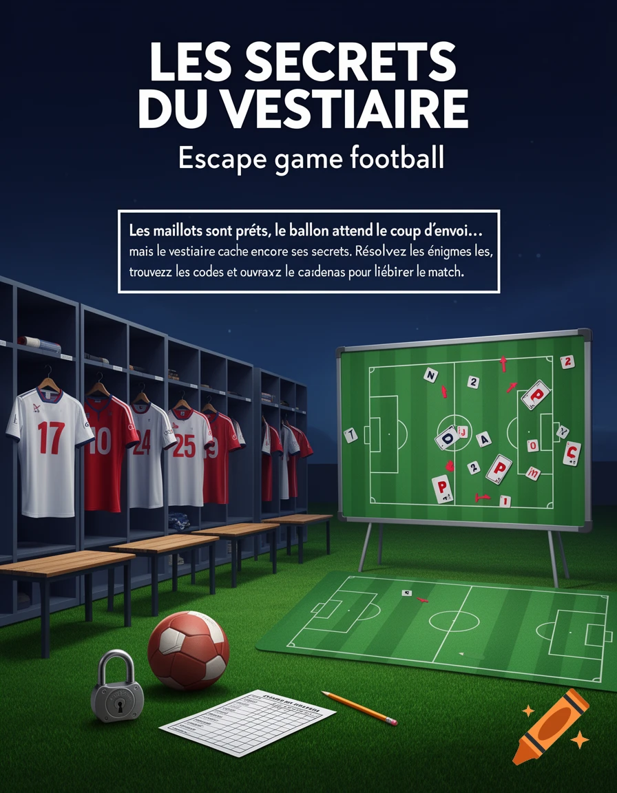 An illustrated escape game poster with a football theme, set in a locker room with jerseys, a tactical board, a ball, a lock, and a game sheet.