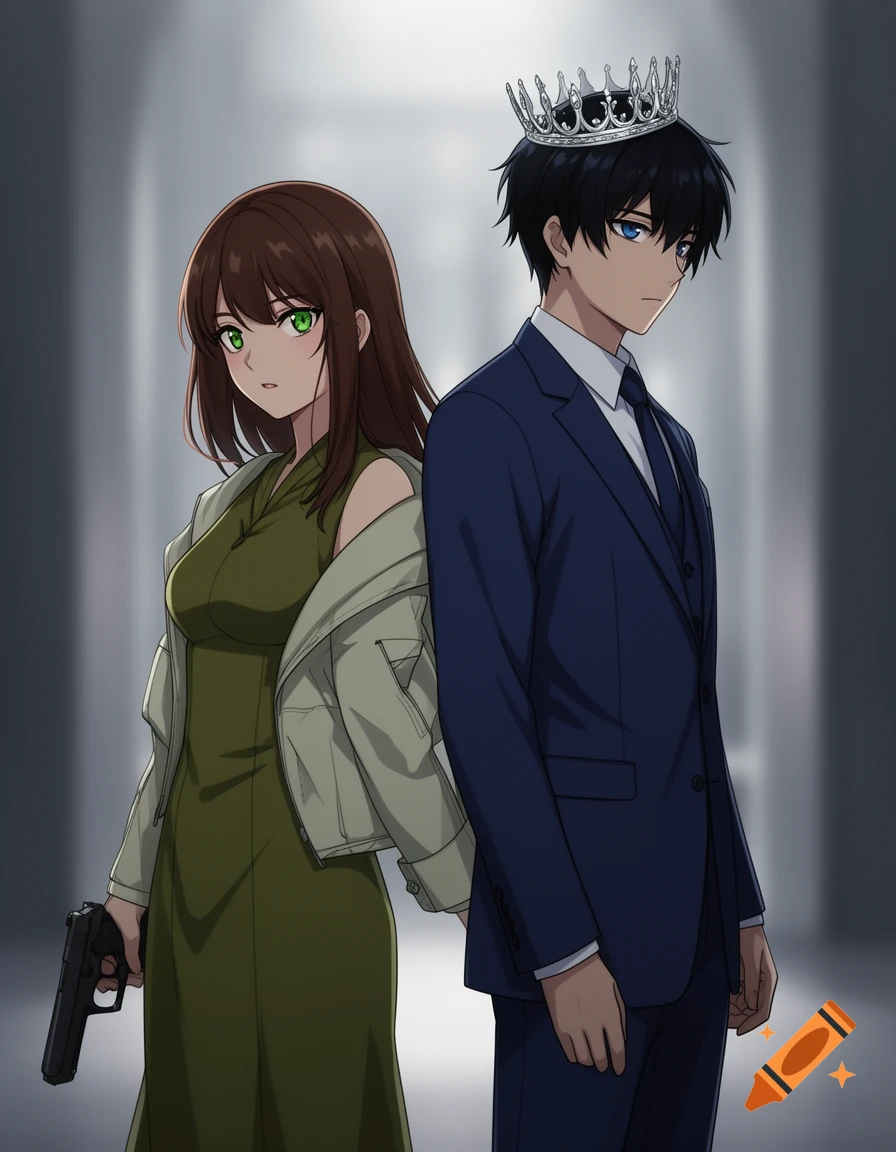 Anime man in blue suit with crown and woman in olive dress with a gun stand back to back.