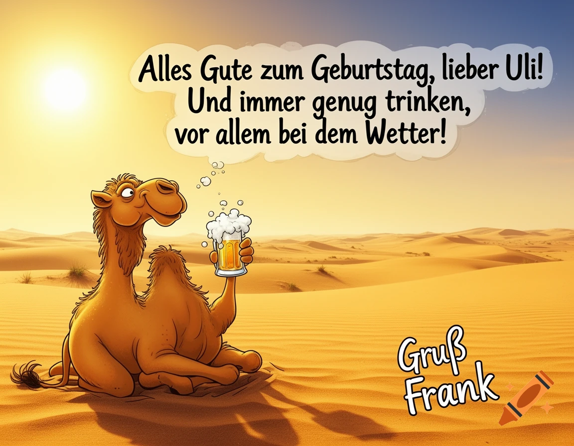 A cartoon camel sips beer in a sunny desert. It's a birthday card with German text 'Alles Gute zum Geburtstag, lieber Uli!' and 'Gruß Frank'.
