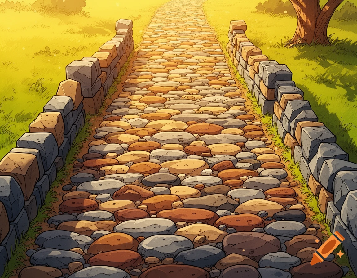 A cartoon-style cobblestone path with low stone walls winds through a sunny green field, leading towards a bright horizon.
