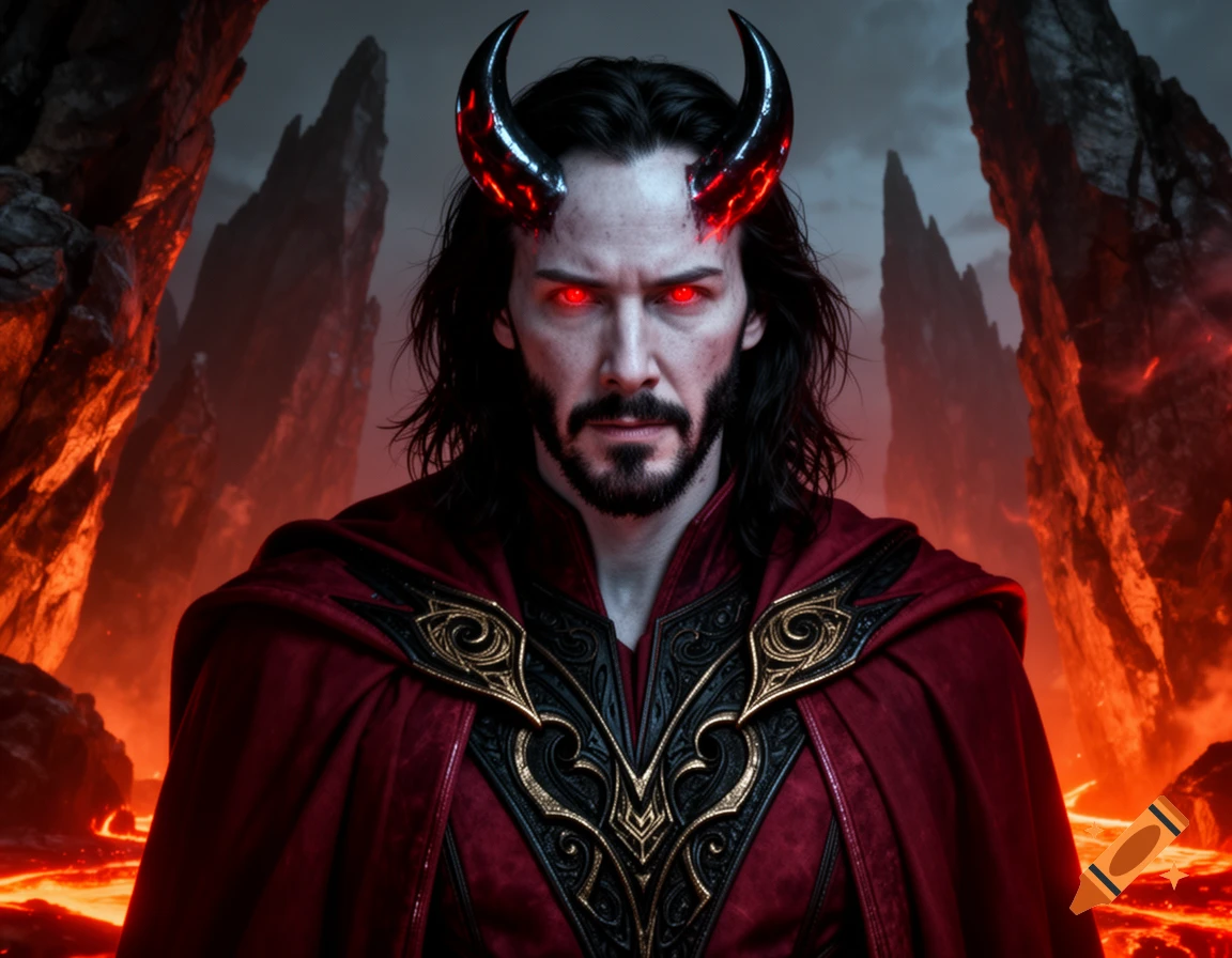Keanu Reeves as a demonic Mephisto, with glowing red eyes and horns, wearing a red cloak, against a fiery, hellish landscape.