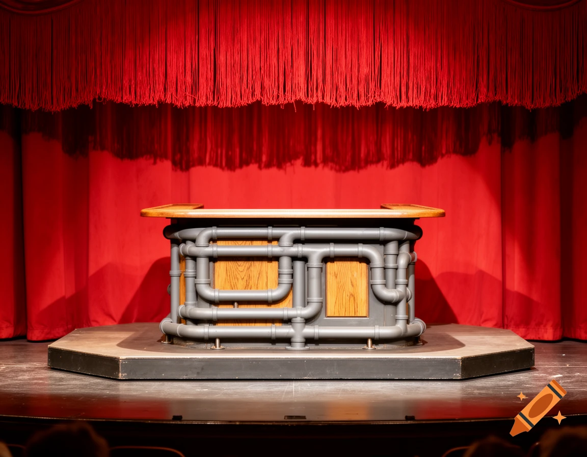 A bar counter made of gray pipes and wood stands on a dark stage, backed by a red fringe curtain.
