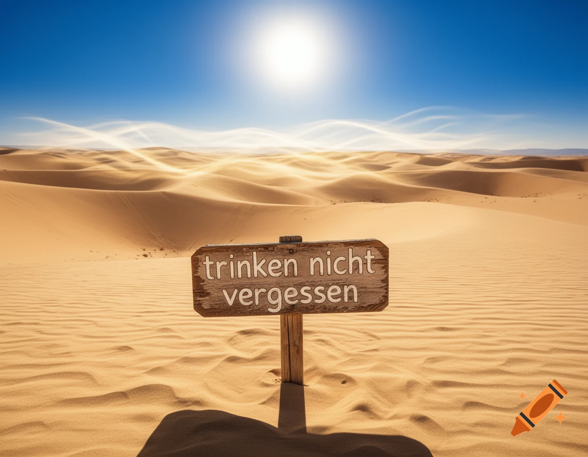 A wooden sign reading "trinken nicht vergessen" (don't forget to drink) stands in a vast, sunny desert with sand dunes under a blue sky.