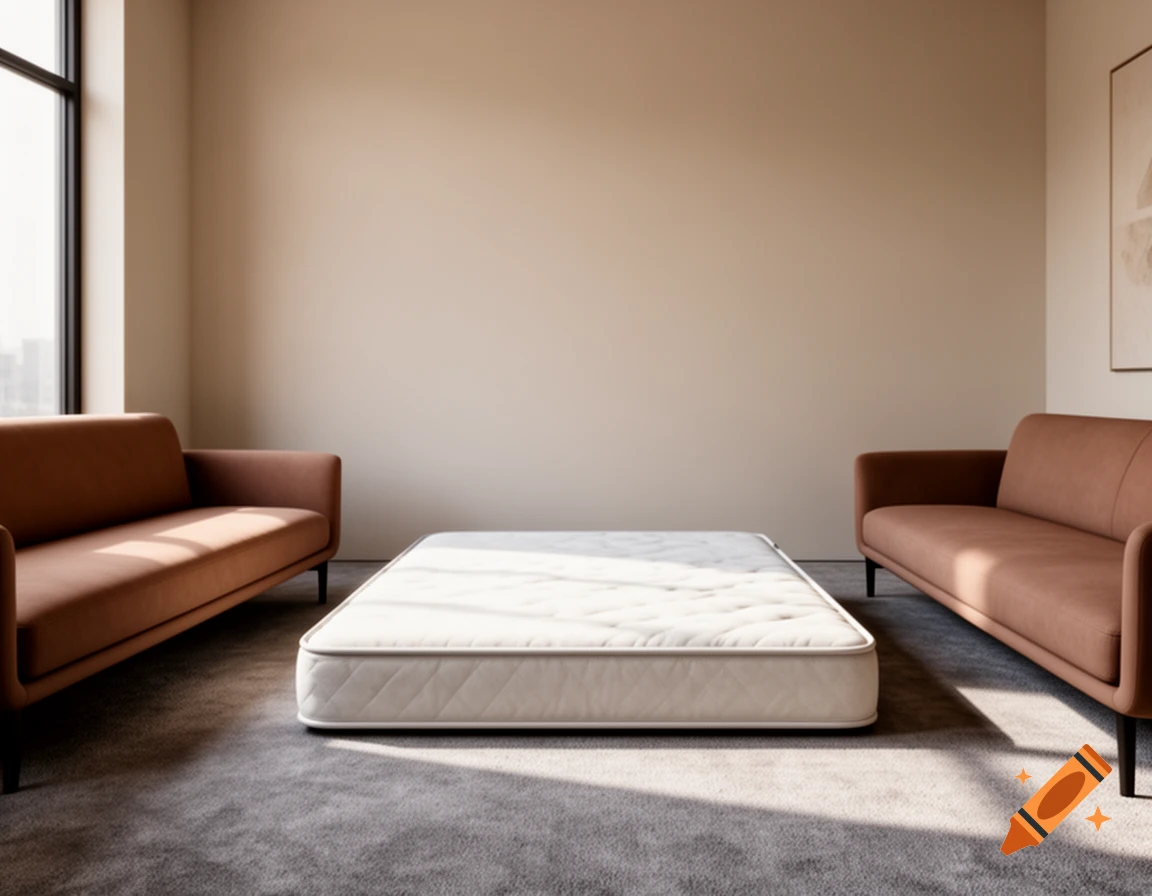 A modern room with a white mattress on a grey carpet, flanked by two brown sofas, with a large window on the left.
