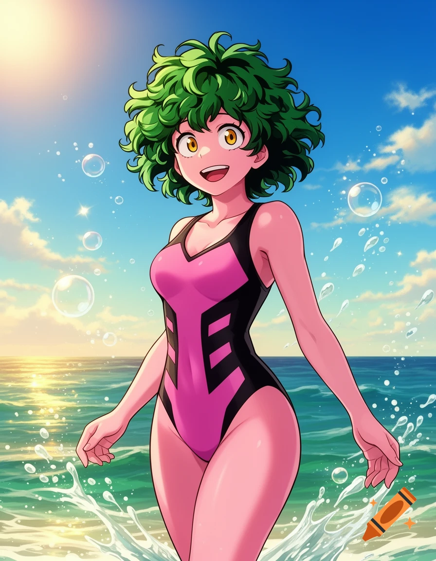 An anime woman with green curly hair and yellow eyes smiles while standing in the ocean, wearing a pink and black swimsuit.