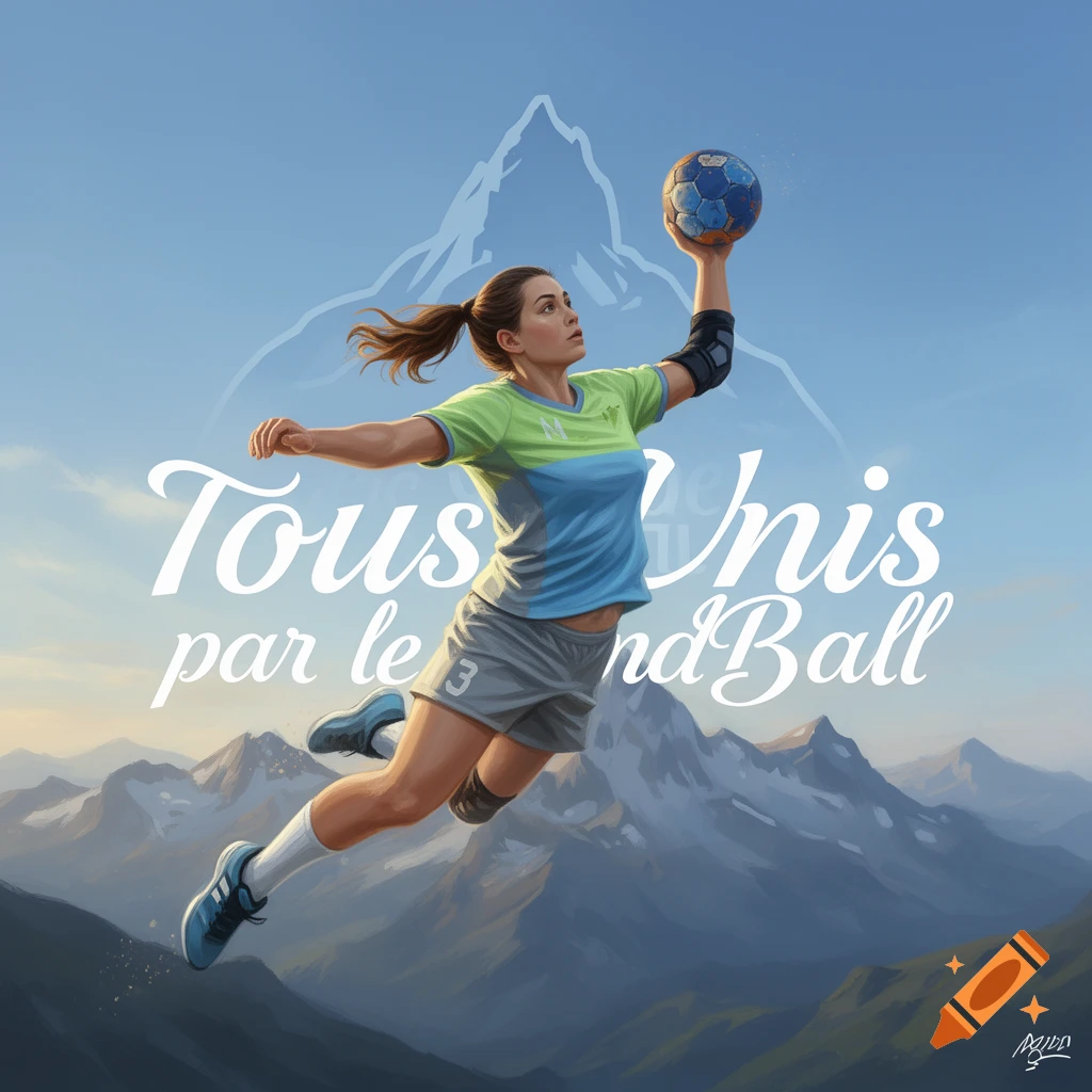 An illustrated female handball player in mid-air, holding a ball, against a backdrop of mountains and sky. Text 'Tous Unis par le HandBall'.