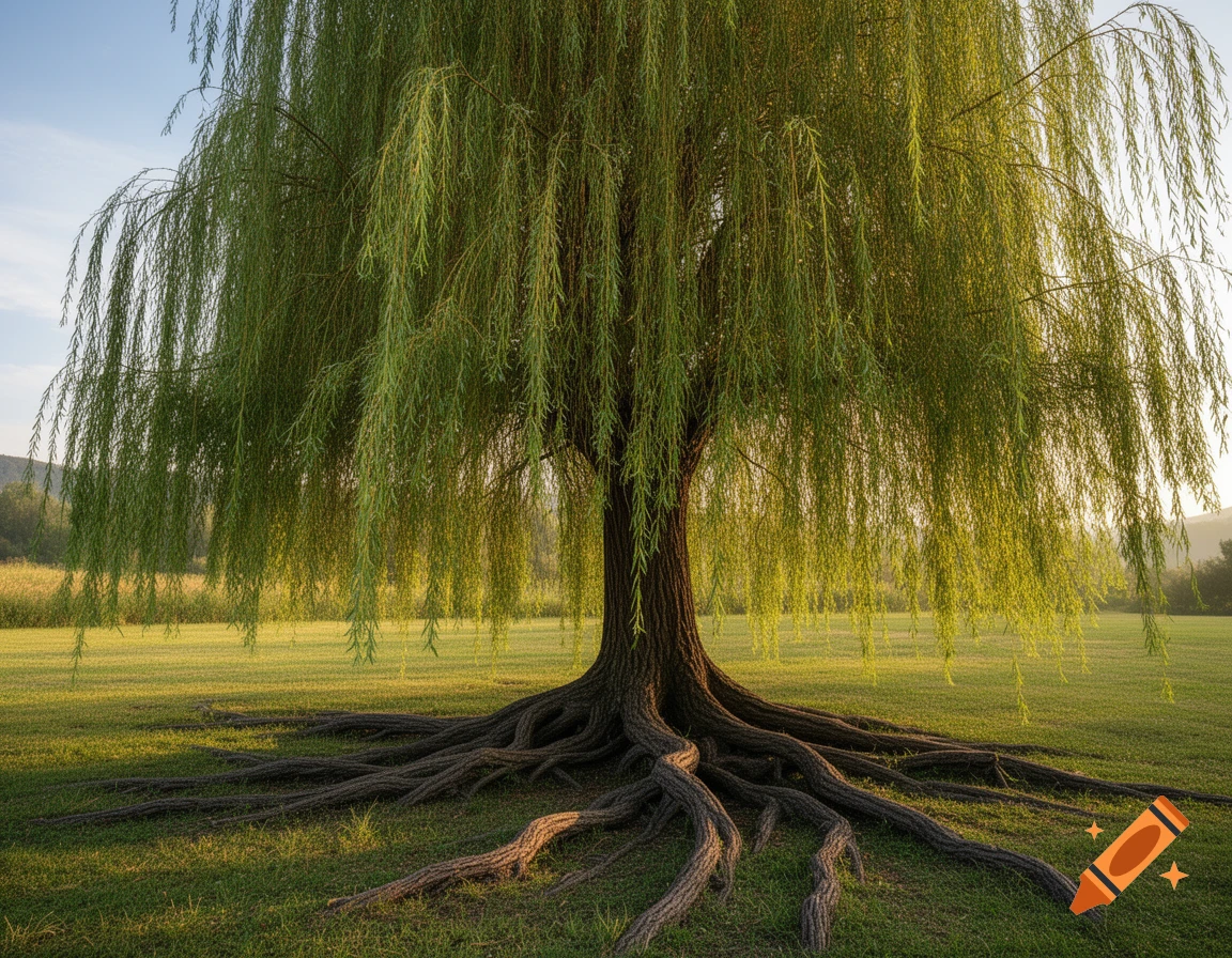 A large, old willow tree with long, drooping branches and thick roots exposed on a sunny green lawn.