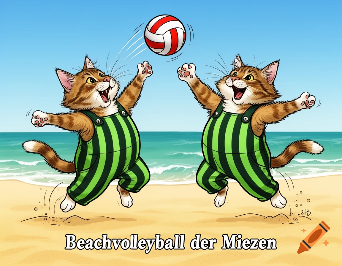 Two cartoon tabby cats in green striped overalls playing beach volleyball on a sunny beach.