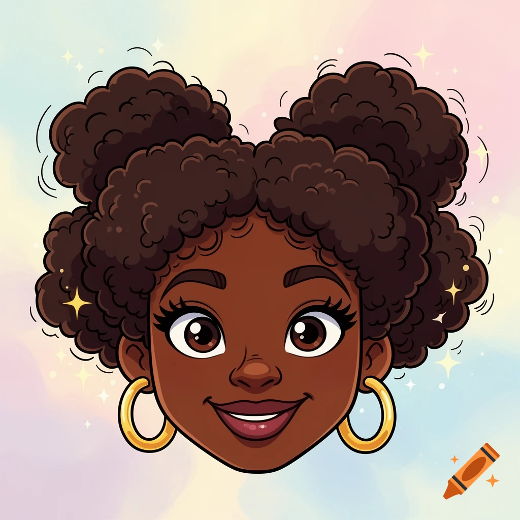 Cartoon portrait of a smiling Black woman with dark skin, brown eyes, afro puffs, and gold hoop earrings.