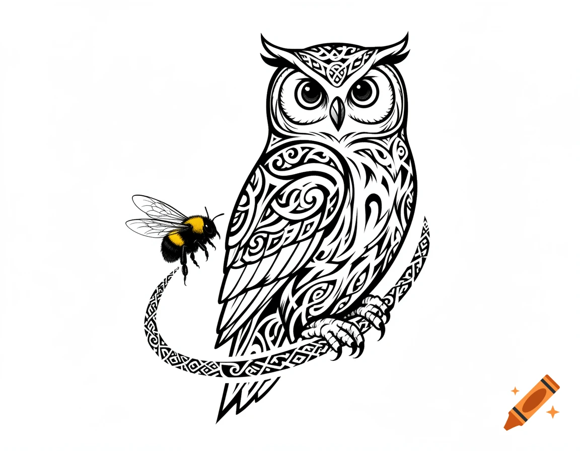 Black and white tribal tattoo-style owl perched on a patterned branch, with a colorful bumblebee flying nearby.