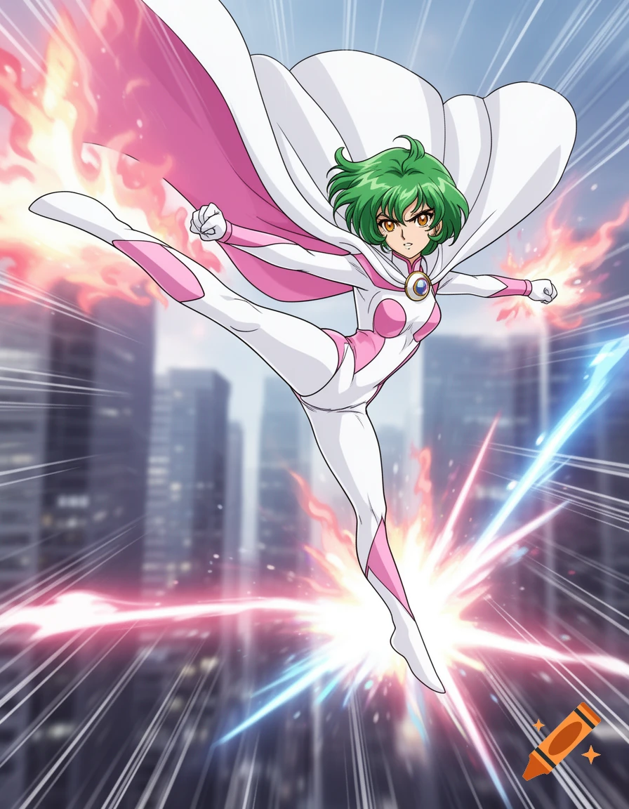Anime woman with green hair in a white and pink superhero suit and cape, high-kicking with pink flames and energy blasts against a city background.