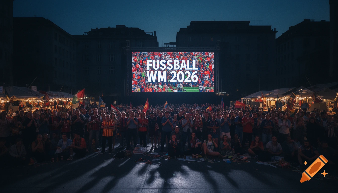 A large crowd gathers in a city square at night, watching a football match on a giant screen displaying 'FUSSBALL WM 2026'.