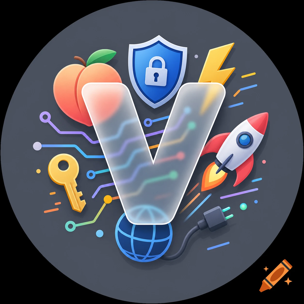 A stylized V-shaped icon with a frosted glass effect over tech-related symbols like a shield, rocket, key, and network globe, on a dark gray background.