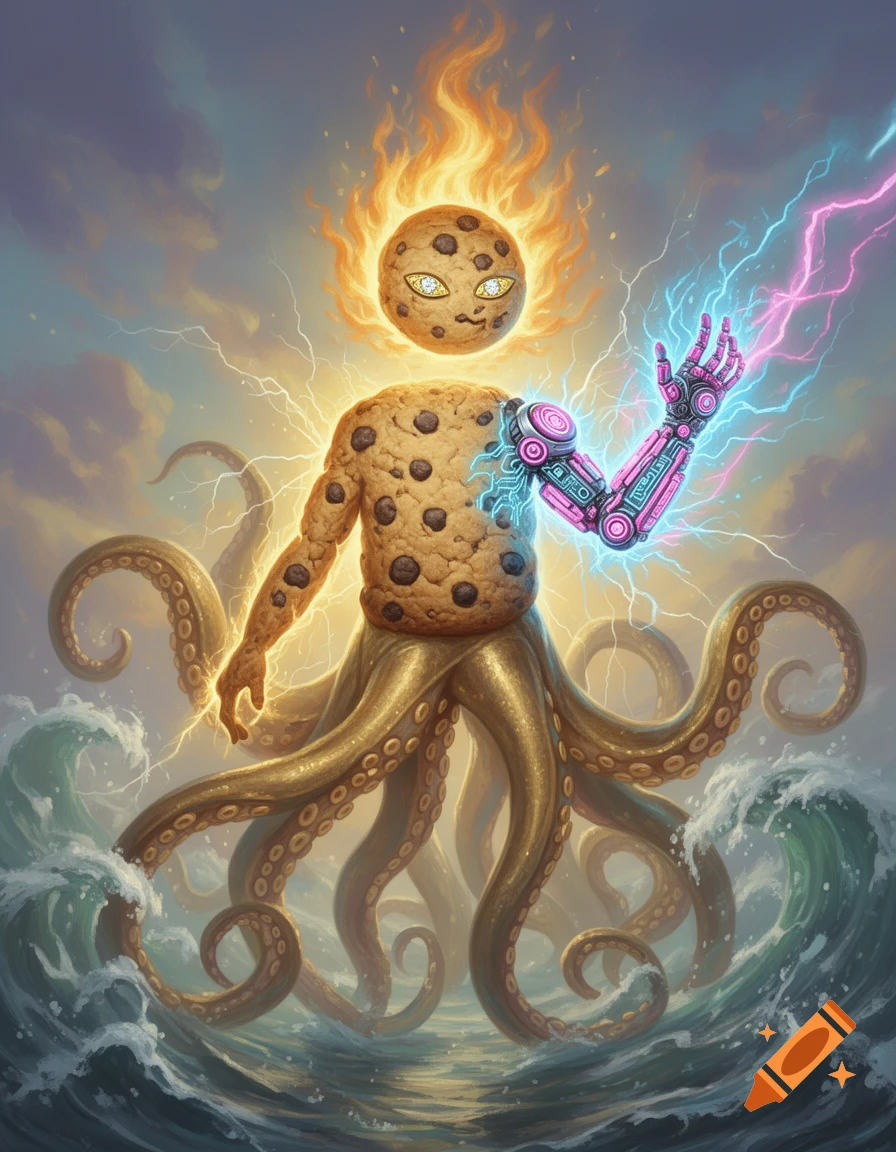 A powerful hybrid creature with a flaming cookie head, cookie body, one glowing cookie arm, and one neon cybernetic arm, rising from the ocean with kraken tentacles, surrounded by lightning.