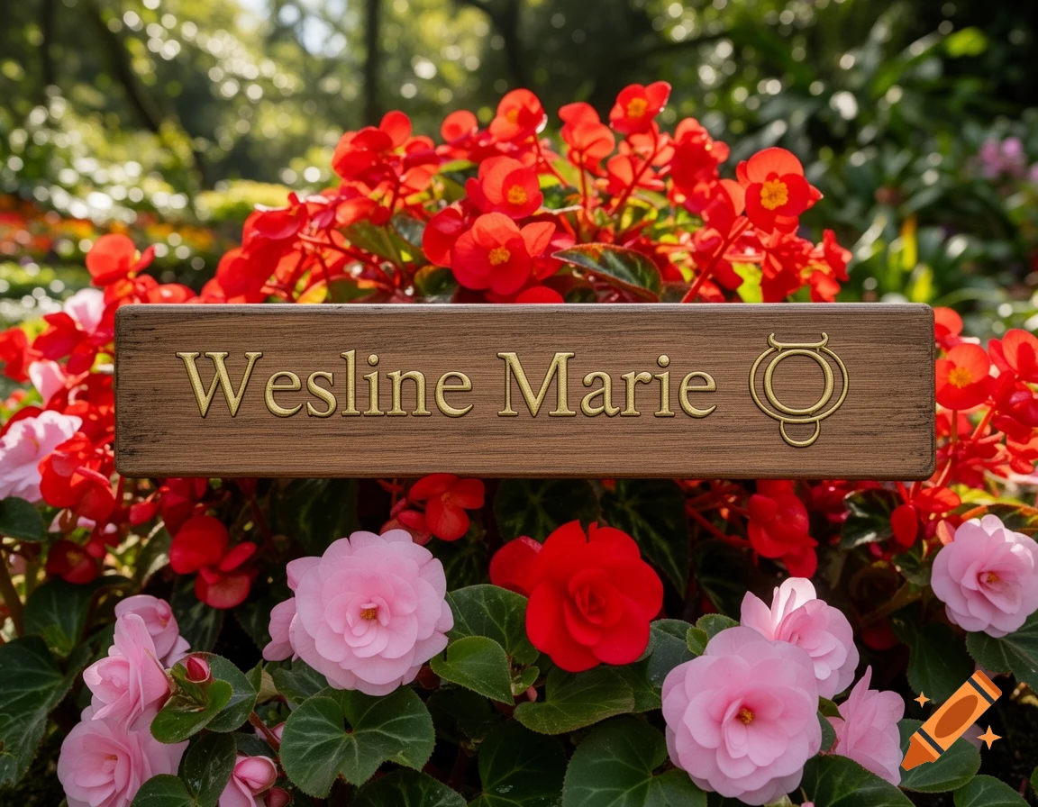 A wooden sign with "Wesline Marie" and a stylized symbol, nestled among vibrant red and pink begonia flowers in a sunny garden.