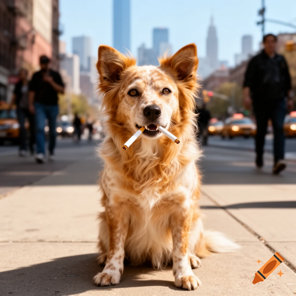 A photorealistic brown and white dog sits on a sunny city sidewalk, holding two lit cigarettes in its mouth, with blurred city background.