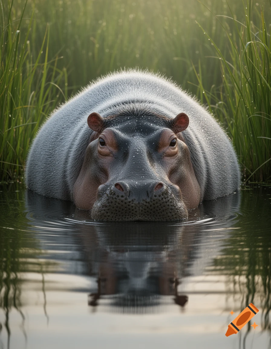 Photorealistic close-up of a hippo partially submerged in water, looking forward with tall green grass in the background.