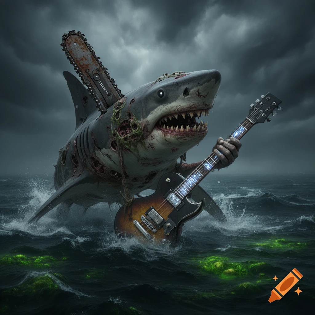 A zombie shark with a chainsaw fin plays an electric rock guitar in a stormy, green-tinged ocean.