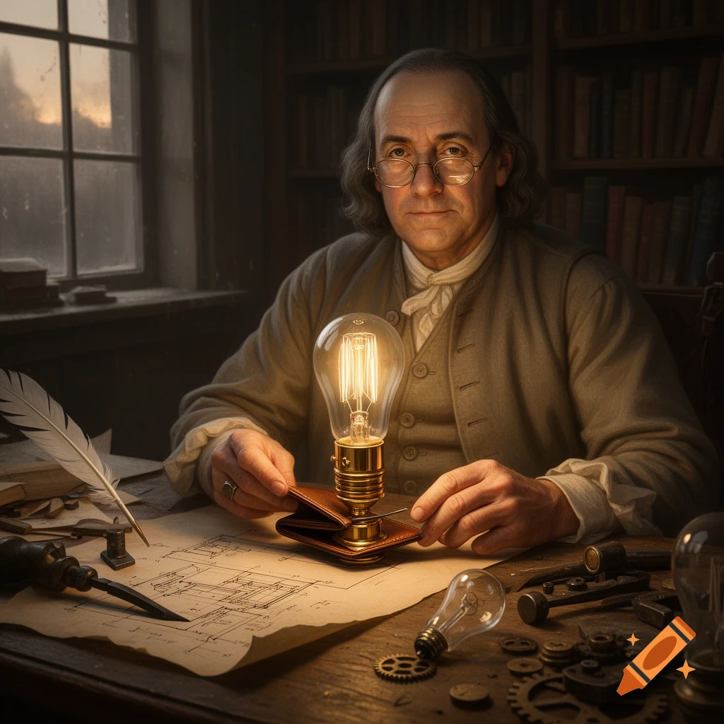 Photorealistic portrait of Benjamin Franklin in a study, holding a glowing lightbulb over a wallet on a desk with schematics.