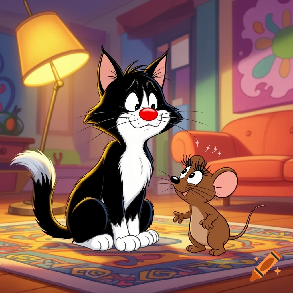 Cartoon black and white cat with a red nose looking at a brown mouse with long eyelashes in a colorful living room.