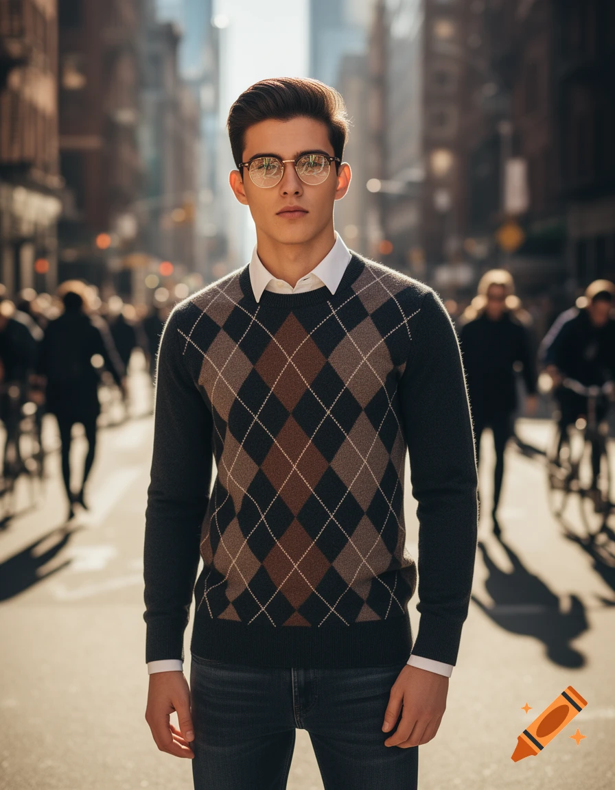 A young man with glasses and an argyle sweater stands in the middle of a blurry city street, looking at the camera.