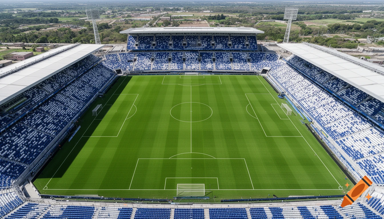 An aerial view of an empty soccer stadium with green grass and blue and white seats.