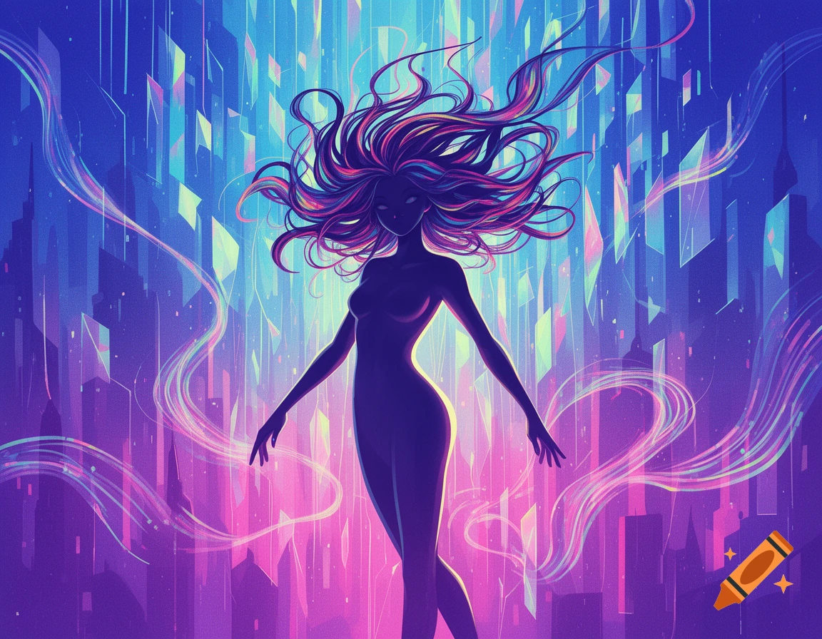 A vibrant digital art image of a stylized, silhouetted female figure with flowing hair, set against a neon-colored abstract cityscape.